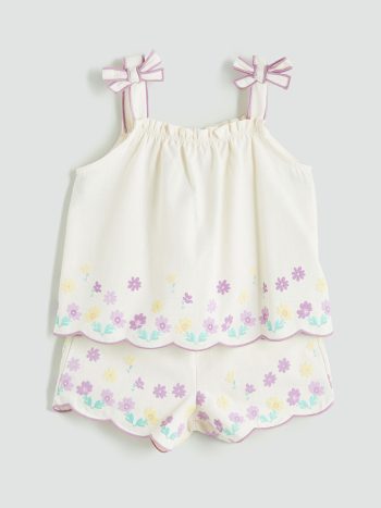 LCW Kids Ekru Square Collar Floral Blouse and Shorts Set for Girls