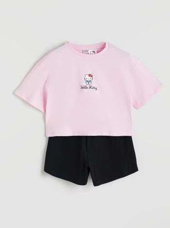 LCW Kids Pink Bicycle Neck Hello Kitty Printed Girls T-Shirt and Shorts