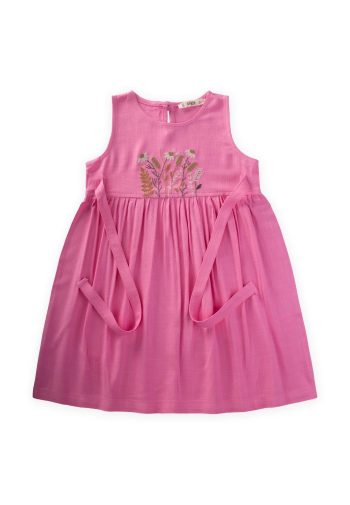 Embroidered Side Tied Linen Dress for Ages 2-7 Pink