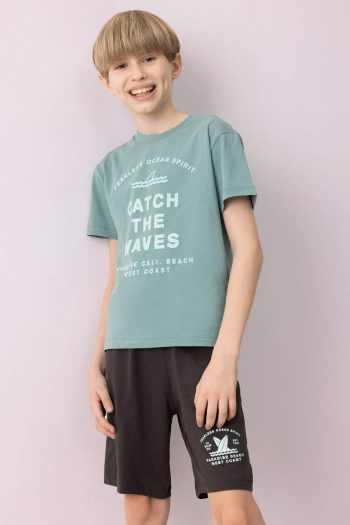 Boys' Pajama Set with Printed Short-Sleeve Top and Elastic Waist Shorts