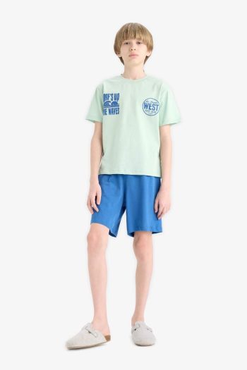Boys' Pajama Set with Printed Short Sleeve T-Shirt and Elastic Waist Shorts