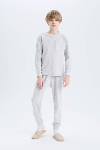 Boys' Pajama Set Waffle Cycle Neck Long Sleeve Top Elastic Waist Long Bottom