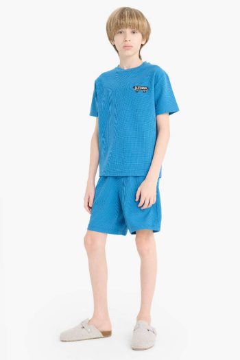 Boys' Waffle Pajama Set with Short Sleeves and Elastic Waist Shorts