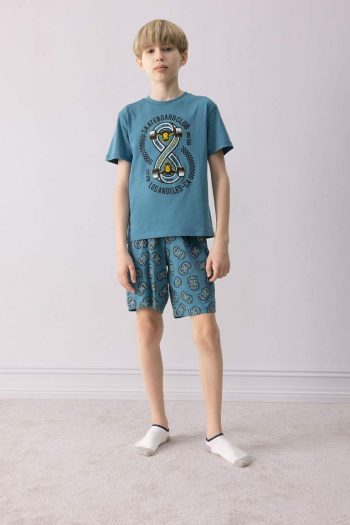 Boys' Pajama Set with Printed Short-Sleeve Top and Patterned Shorts