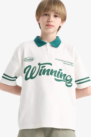 Boys' Oversized Loose Fit Printed Short Sleeve Polo Shirt