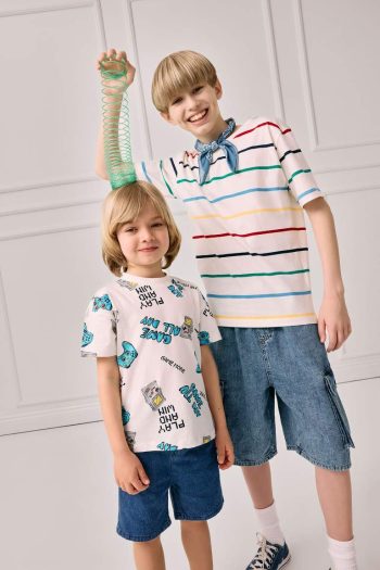 Boys' Striped Short Sleeve T-Shirt with Bike Collar