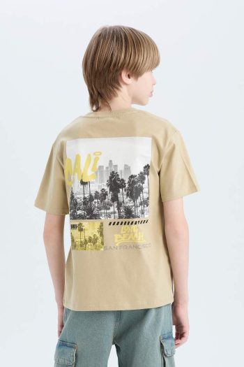 Boys' Bicycle Collar Short Sleeve T-Shirt with Printed Back