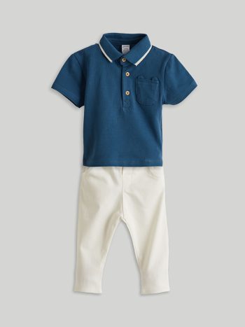 Navy Blue Polo Collar Boy's Baby T-Shirt and Pants Set of 2