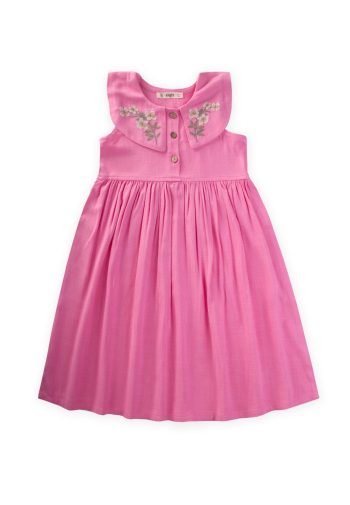 Embroidered Peter Pan Collar Linen Dress for Ages 2-7 Pink