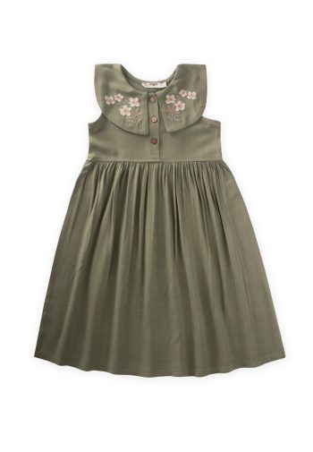 Embroidered Shawl Collar Linen Dress 2-7 Years Olive Green
