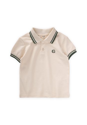Embroidered Double Striped Polo Collar T-Shirt for Ages 2-10 in Ecru