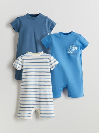 LCW Baby  Blue Crew Neck Baby Boy Cotton Romper Set of 3