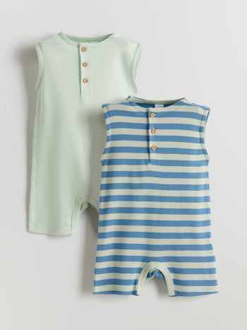 LCW Baby Turquoise Crew Neck Boys' Baby Cotton Romper Set (2 Pieces)