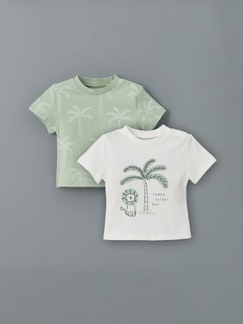 LCW Baby  Off-white Printed Crew Neck Boys' T-shirt - Set of 2