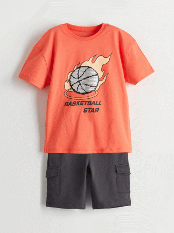 LCW Kids                                                                                     Coral Printed Boy's T-Shirt and Shorts Set (2 Pieces)