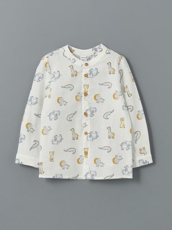LCW Baby                                                                                         Ecru Mandarin Collar Printed Shirt for Baby Boys