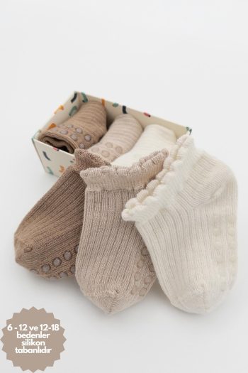 KARAMİLA 3-Piece Girls' Short Bamboo Socks (Anti-Slip Silicone Sole for 6 Months and Up)