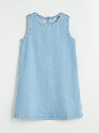LCW Kids Indigo Round Neck Stone Embellished Girls' Denim Dress