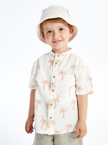 LCW Kids  Off-White Short Sleeve Printed Baby Boy Shirt with Mandarin Collar