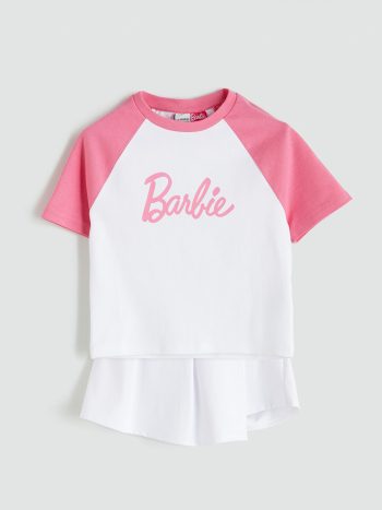 LCW Kids White Round Neck Barbie Printed Girl's T-Shirt and Skirt Shorts
