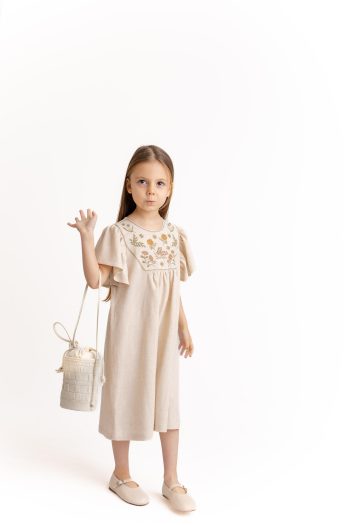 Embroidered Linen Dress for Ages 2-7 Natural