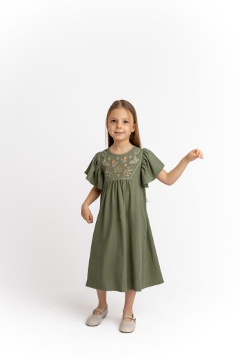 Embroidered Linen Dress for Ages 2-7 in Khaki Green