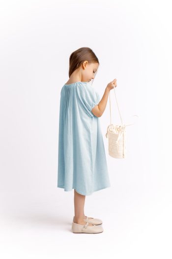 Nervüllü Linen Dress 2-7 Years Blue