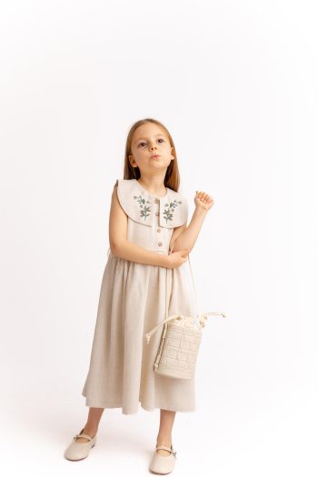 Embroidered Flat Collar Linen Dress for Ages 2-7 Natural