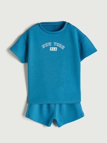 LCW Baby Blue Printed Boy's Baby T-Shirt and Shorts 2-Piece Set