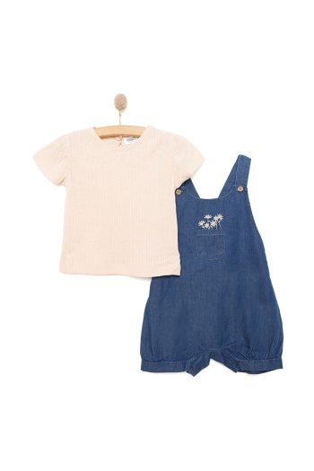 Bebetto Newborn Tiny Flowers Denim Short Overalls - T-shirt Set for Baby Girl