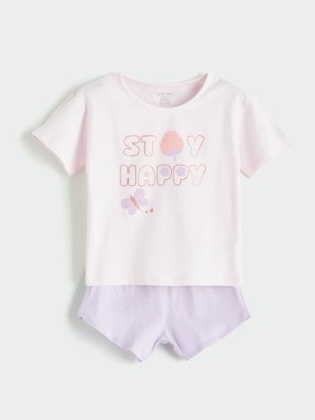 LCW Baby Pink Printed Round Neck T-Shirt and Shorts Set for Girls 2-piece