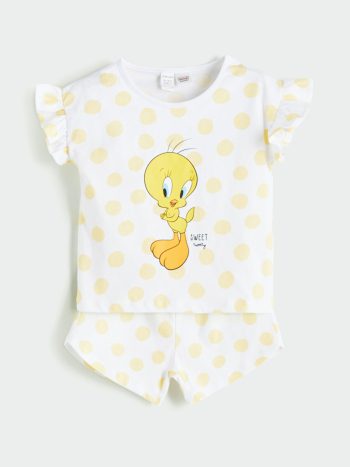 LCW Baby                                                                                                   Ecru Tweety Printed Girls' Blouse and Shorts Set