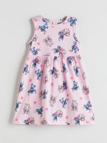 LCW Kids Pink Round Neck Lilo & Stitch Printed Dress for Girls