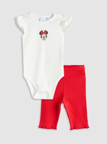 LCW Baby Cream Minnie Mouse Printed Baby Girl Snap Body and Leggings Set (2 pieces)