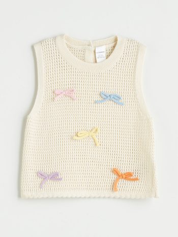 LCW Kids                                                                                         Off-White Ribbon Detailed Girls' Knitted Sweater Vest