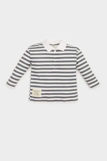 Striped Long Sleeve Polo Collar T-Shirt with Label Print for Baby Boys