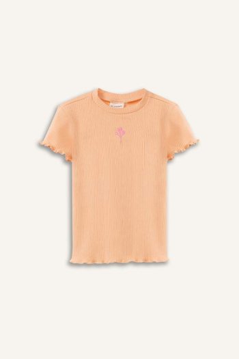 Girl's Regular Fit Floral Ribbed Knit Short Sleeve T-Shirt