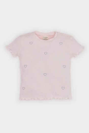 Girls' Short Sleeve Ribbed T-Shirt with Bike Neck and Heart Print