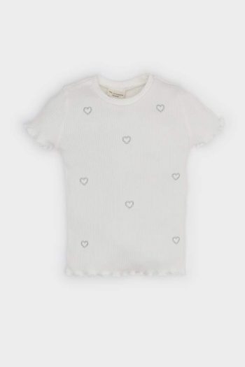 Girl's Short Sleeve Ribbed T-Shirt with Heart Design and Bicycle Neck
