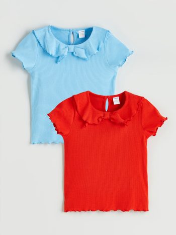 LCW Kids Orange Bicycle Neck Bow T-Shirt for Girls - Set of 2