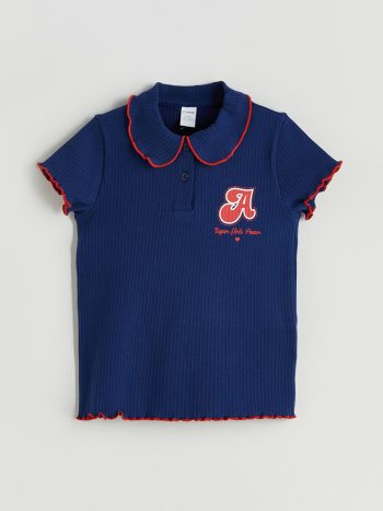 LCW Kids Navy Blue Printed Polo Neck T-Shirt for Girls