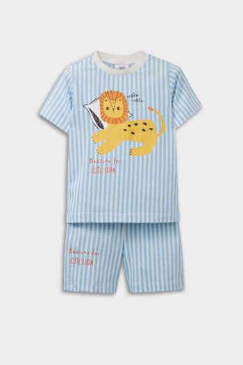 Boys' Pajama Set Striped with Lion Print Short Sleeve Jersey Top and Elastic Waist Shorts