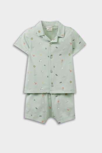 Boys' Baby Pajama Set with Short-Sleeve Cotton Top and Elastic Waist Shorts with Sea Print
