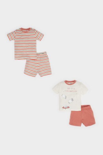 Boys' 4-Piece Pajama Set - Short Sleeve Knit Top with Elastic Waist Shorts