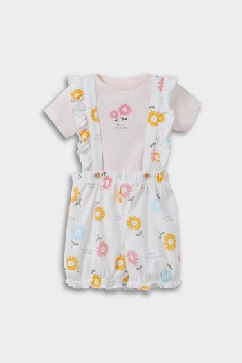 Girl Baby 2-Piece Set Floral Stretch Short Sleeve T-Shirt and Dungarees