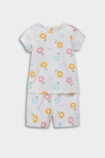 Flower Patterned Short Sleeve Cotton Top and Elastic Waist Shorts Set for Baby Girls