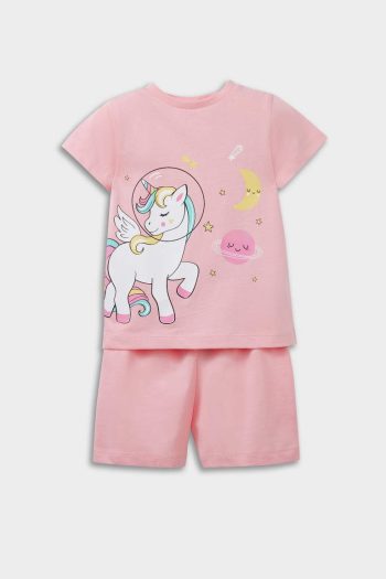 Unicorn Print Baby Girl Pajama Set with Short Sleeves and Elastic Waist Shorts