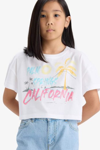 Girls' Short Sleeve Printed Cropped T-Shirt with Crew Neck