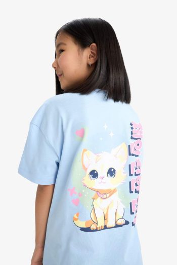Girls' Oversized Loose Fit Crew Neck Short Sleeve T-Shirt with Back Print
