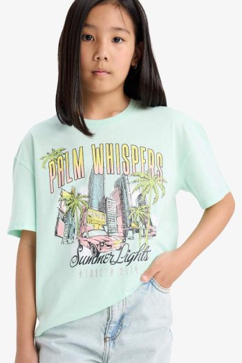 Girls' Relaxed Fit Bicycle Neck Printed Short Sleeve T-Shirt